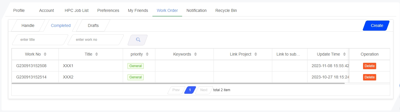 Completed work order